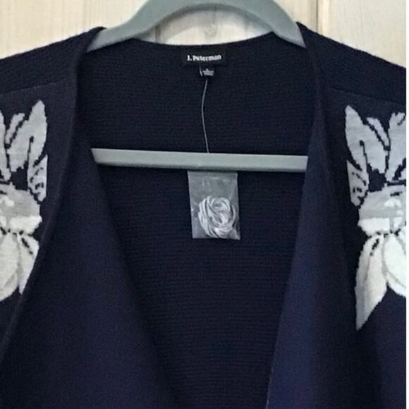 J. Peterman Navy Blue Floral Open Wrap Cardigan Sweater 100% Merino Wool Size L - Picture 2 of 13